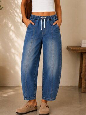 OAT NEW YORK Cloud Luxe Denim Barrel Jeans Elastic Waist Drawstring Size 6/28
